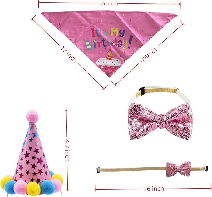 Pet Birthday Party Set with Hat and Bandana for Dogs and Cats with Star Pattern Design, Adjustable Sequin Bow tie Accessories, Pink Birthday Girl Scarf (Pink)