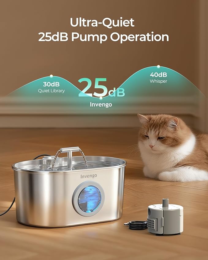 Invengo Cat Water Fountain Stainless Steel: 2.2L/74oz Automatic Pet Water Fountain for Cats & Dogs, Quiet Cat Fountain with 5-Layer Filter, Easy to Clean & Durable Dog Water Fountain