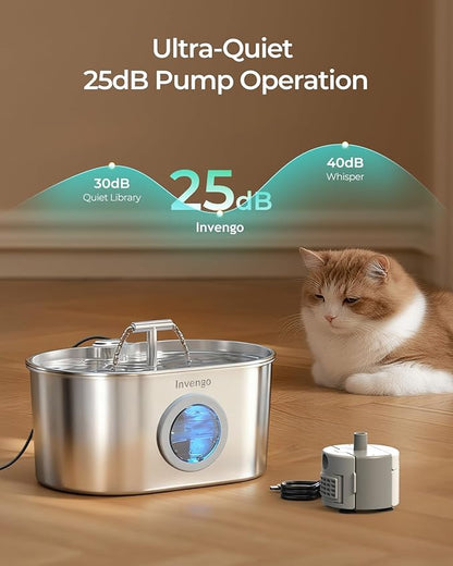 Invengo Cat Water Fountain Stainless Steel: 2.2L/74oz Automatic Pet Water Fountain for Cats & Dogs, Quiet Cat Fountain with 5-Layer Filter, Easy to Clean & Durable Dog Water Fountain