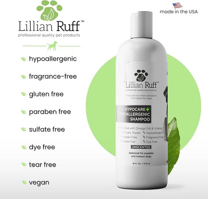 Lillian Ruff PRO Formula HypoCare+ Oatmeal Dog Shampoo | Clinically Tested Hypoallergenic Formula for Itch & Allergy Relief – Fragrance-Free with Aloe, Vitamin E & Pro-Vitamin B5 – Made in USA