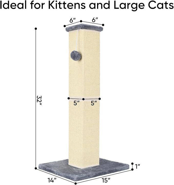 YULOYI 32" Tall Cat Scratching Post for Large Indoor Cats & Kittens, Cat Scratcher with Extra Large Stable Base and Natural Sisal, Sturdy Cat Scratch Post to Protect Furniture & Couch, Grey
