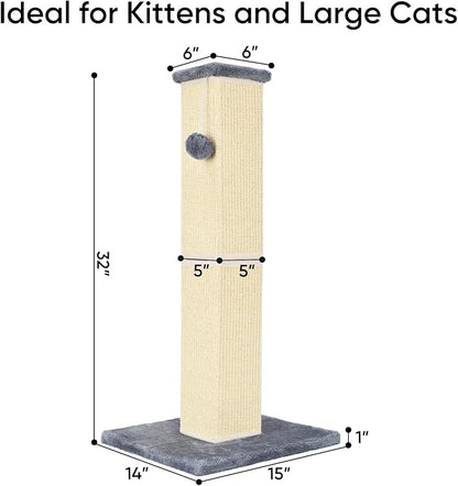 YULOYI 32" Tall Cat Scratching Post for Large Indoor Cats & Kittens, Cat Scratcher with Extra Large Stable Base and Natural Sisal, Sturdy Cat Scratch Post to Protect Furniture & Couch, Grey