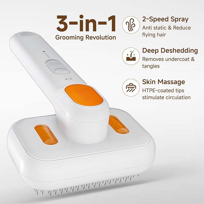 Dog Brush for Shedding & Cat Grooming Spray Brush, 3-in-1 Cool Mist Deshedding Tool with Self-Cleaning & Extra Wide Comb, Water Window, Safe for Long/Short Haired Pets