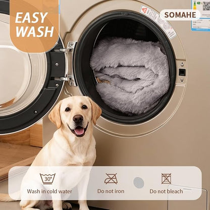 SOMAHE Self-Warming Dog Bed, Plush Faux Fur Mat with Anti-Slip Bottom, Ultra Soft Heated Pet Bed for Medium Large Dogs, Cozy Fluffy Pad for Carriers Couch Crate, Machine Washable, 35 x 27 Inch Gray