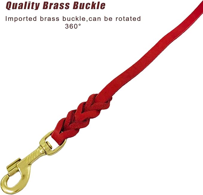 LWBMG Leather Dog Leash 8ftx1/2 inch, Heavy Duty Dog Leash, Strong and Sturdy Leather Braided Dog Leash, Soft and Comfortable Leather Leash for Medium Large Dogs Training and Walking Red