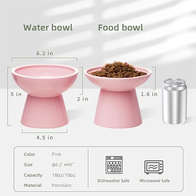 CEEFU 2 Elevated Cat Bowls Extra Wide for Food & Water – Whisker Fatigue, Ceramic Wide Shallow Food Dish, Lead & Cadmium Free, Raised Height for Cats, Pink
