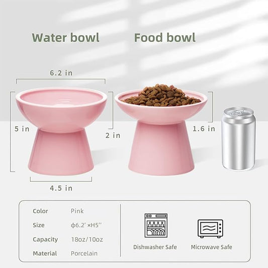 CEEFU 2 Elevated Cat Bowls Extra Wide for Food & Water – Whisker Fatigue, Ceramic Wide Shallow Food Dish, Lead & Cadmium Free, Raised Height for Cats, Pink