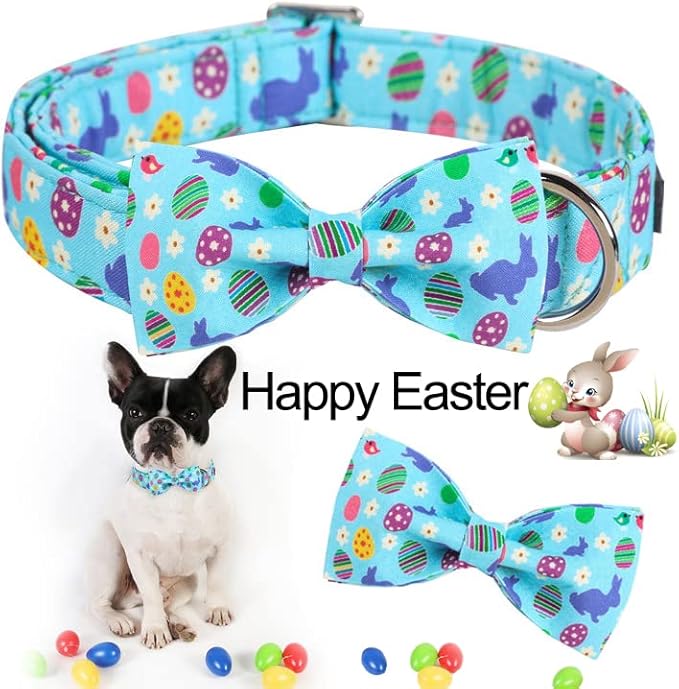 ARING PET Easter Dog Collar with Bow, Cute Adjustable Egg Rabbit Bowtie Pet Collars with Metal Buckle for Puppy Small Medium Large Boy Girl Dogs-XL