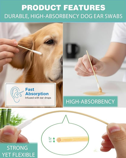 Dog Ear Swabs Bulk Pack, 800 Count – 6 Inch Bamboo Cotton Buds Refill for Professional Grooming & Multi-Pet Homes – Large Absorbent Tips for Deep Cleaning (16 Resealable Packs)