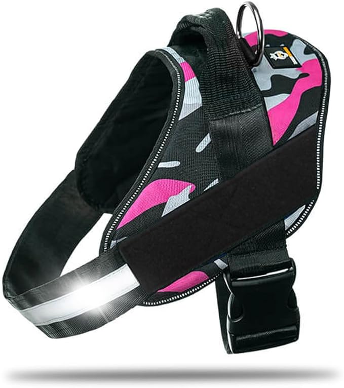 DOGGYKINGDOM Non Pull Dog Harness with Patch Panels and Handle, Adjustable, Reflective, No Choke, Heavy Duty Easy On Service Dog Vest Harnesses for Medium Large Small Sized Dogs - Camouflage Pink, XS