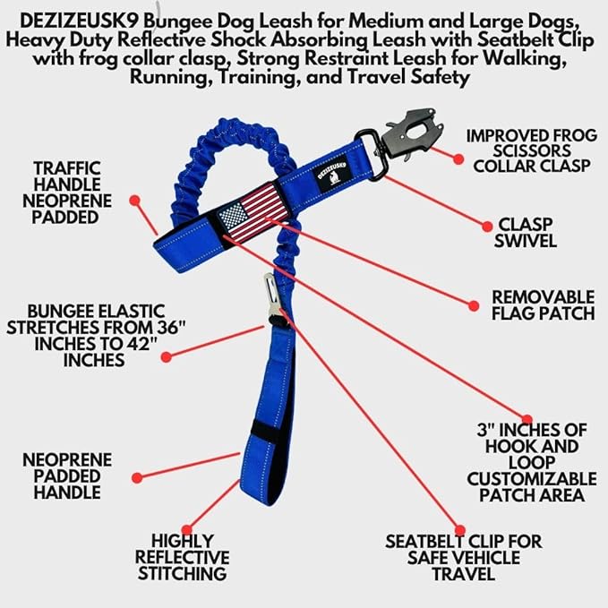 Heavy Duty Bungee Dog Leash - Shock Absorbing, Seat Belt Clip, Quick Release Frog Clasp, Double Padded Handles, for Large and Medium Dogs, Durable for Training, Walking, Car Safety, Outdoor Adventure