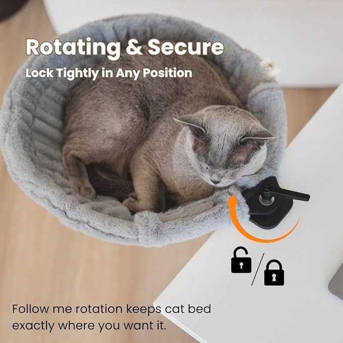 Cat Desk Bed - Stable and Sturdy, Bedside and Desk Perch, Rotating Cat Hammock with 2 Washable Covers, Non-Slip Clamp - Safe, Space-Saving Cat's Furniture for Remote Workers, Gamers, Holds Up to 40lbs
