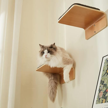 LIORCE 2 Set Cat Wall Steps - Wooden Cat Climbing Shelf for Wall - Cats Wall Stairs with Scratching Mat - Wall Mounted Cats Furniture for Jumping, Playing, and Lounging