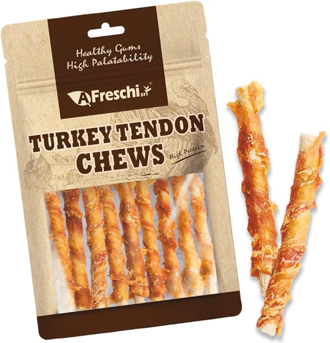 A Freschi srl Turkey Tendons for Dogs, USA-Sourced, Healthy Dog Treats, Rawhide-Free Puppy Chews, All Natural, Hypoallergenic Dog Treats, Turkey Tendon Wrapped Brown Rice Stick, 3.5 oz Pack