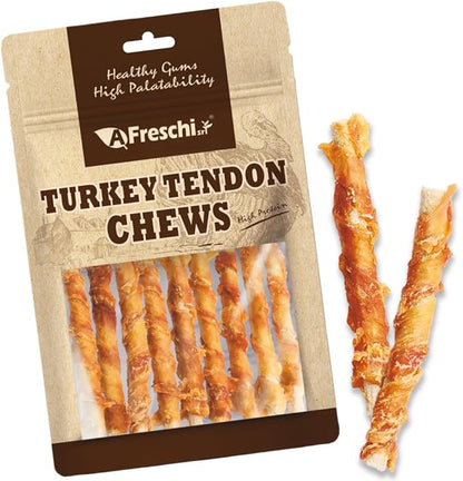 A Freschi srl Turkey Tendons for Dogs, USA-Sourced, Healthy Dog Treats, Rawhide-Free Puppy Chews, All Natural, Hypoallergenic Dog Treats, Turkey Tendon Wrapped Brown Rice Stick, 3.5 oz Pack