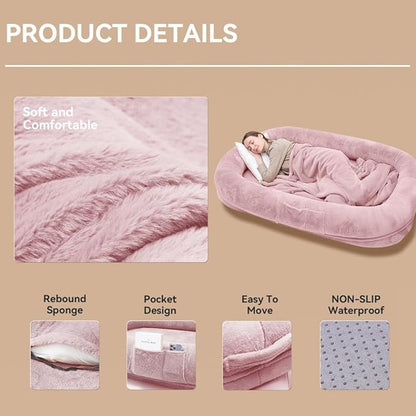 Ultra-Soft Human Size Dog Bed for People and Pets; 77”x51”x11” Extra Large Dog Bed with Raised Cushioned Rim, Removable Cover, Waterproof Lining and Bonus Blanket (77"x51"x11", Pink)