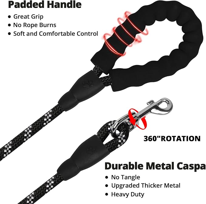 Rope Dog Leash 4 FT: Heavy Duty Leashes with Swivel Lockable Hook Reflective Threads Bungee and Padded Handle - Dog Lead for Large Small Medium Dogs Outside Walking Hiking Black