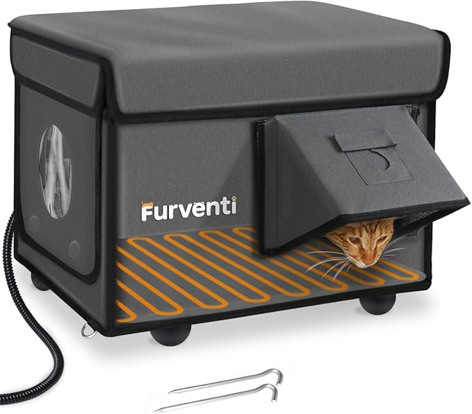 Outdoor Heated Cat House in Winter,Extremely Insulated & Weatherproof,Feral Cat Shelter with Waterproof Eaves & Escape Door for Outside Stray Barn Cat(Dark Grey,16.9"x12.7"x13.6")