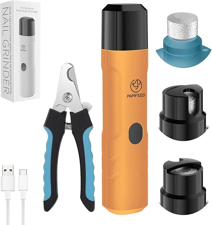PAPIFFEED Dog Nail Clippers & Grinder with Manual Nail Clipper – Quiet 3-Speed Electric Dog Nail Trimmers with Dual LED, Rechargeable Pet Nail File for Dogs & Cats (Orange)