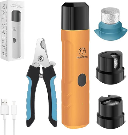 PAPIFFEED Dog Nail Clippers & Grinder with Manual Nail Clipper – Quiet 3-Speed Electric Dog Nail Trimmers with Dual LED, Rechargeable Pet Nail File for Dogs & Cats (Orange)