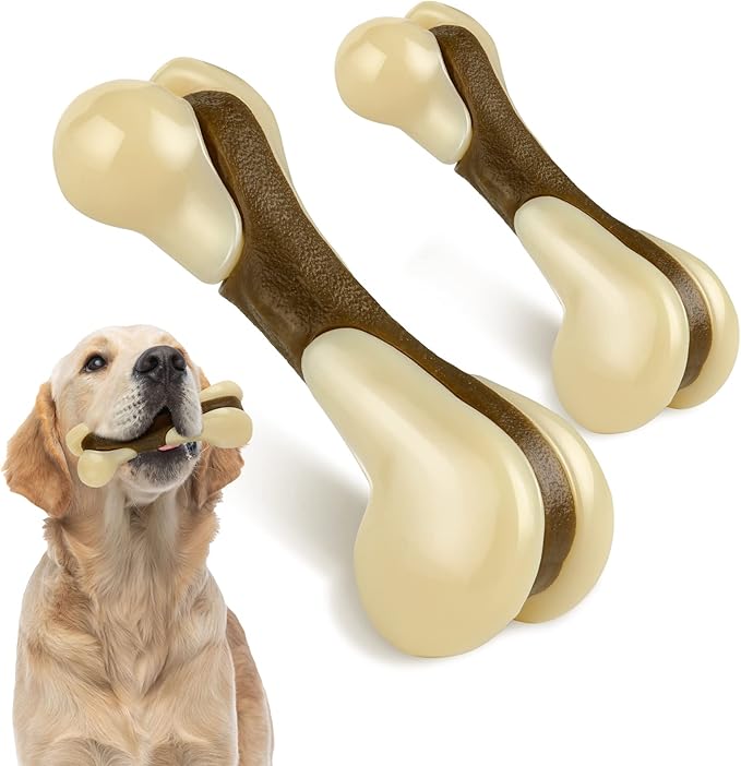 Sosation Bones Shaped Dog Toys for Aggressive Chewers, 2 Pack Christmas Dog Chew Toys Puppy Teething Nylon Beef Flavor for Large/Medium/Small Puppies Breeds(Hind Leg Bone,Large, Small)