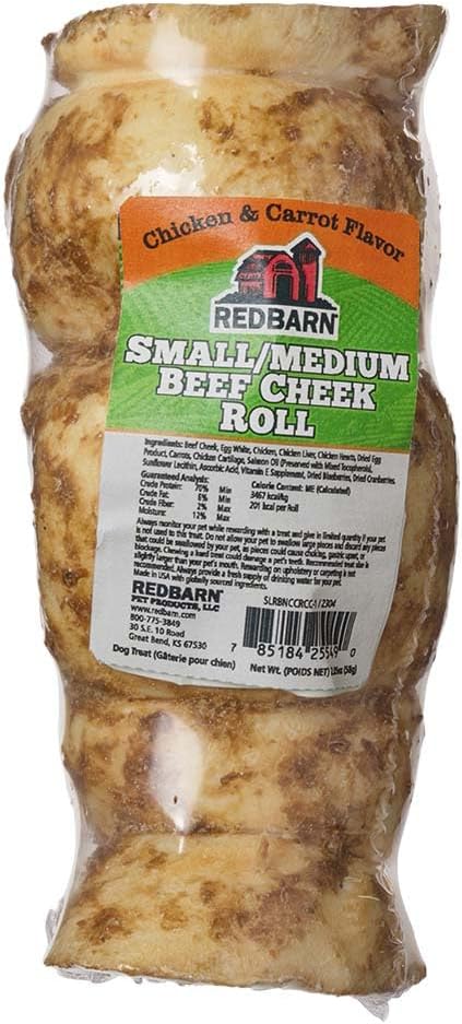 Redbarn Pet Products All-Natural Beef Cheek Rolls for Dogs, Grain-Free Cow Cheeks, Rich in Collagen, Available in Chicken & Carrot Glaze or Uncoated Chicken & Carrot, Small/Medium (Pack of 25)