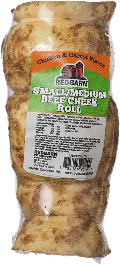 Redbarn Pet Products All-Natural Beef Cheek Rolls for Dogs, Grain-Free Cow Cheeks, Rich in Collagen, Available in Chicken & Carrot Glaze or Uncoated Chicken & Carrot, Small/Medium (Pack of 25)