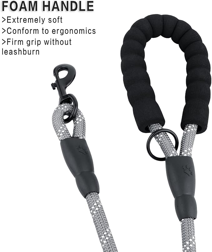 Plutus Pet Rope Dog Leash 6ft Long, Heavy Duty,Reflective Double Handle Leash for Safety Training, for Medium Large Dogs, Dual Handle Leads(Gray)