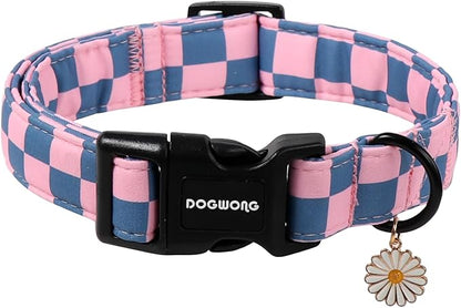 DOGWONG Plaid Dog Collar - Adjustabe Pink Blue Plaid Dog Collar - Cute Pet Checkered Dog Collars Puppy Gift for Small Medium Large Dogs