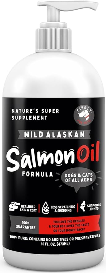 Finest For Pets Wild Alaskan Salmon Oil for Dogs & Cats - Omega 3 Fish Oil with Pollock & Salmon for Sensitive Skin & Coat Health. EPA & DHA Ease Itching, Supports Joint, Immune & Heart Health (16oz)