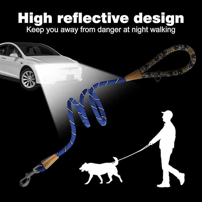 lynxking Rope Dog Leash 6 FT with Comfortable Padded Handle, Highly Reflective Threads Leash for Small Medium Large Dogs (Blue, Large 1/2in x 6ft-Rope Clasp)