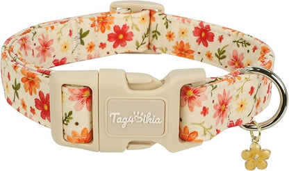 Dog Collar with Pink Floral Patterns, Spring Summer Collection Dog Collar with Exquisite Pendant, Durable Adjustable Collars for Gifts & Daily Use-M