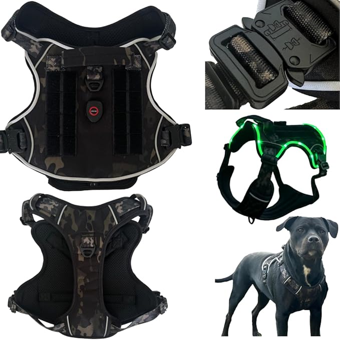 Ragnarok Multicam Black Tactical Dog Harness with LED Light, Durable Luxury Vets, MOLLE Panels, Service Dog Vest Small, Medium, XL, XXL Dogs
