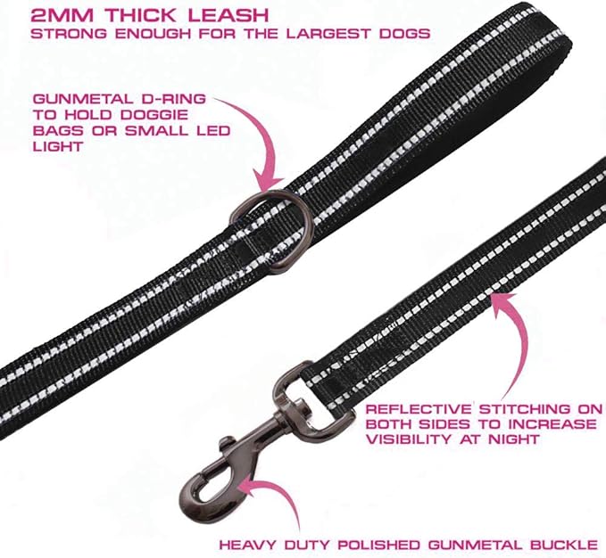 JSXD Heavy Duty Double Handle Dog Leash - 5 FT with Comfortable Padded and Reflective Rope, Suitable for Small to Large Dogs (Wide-Black)