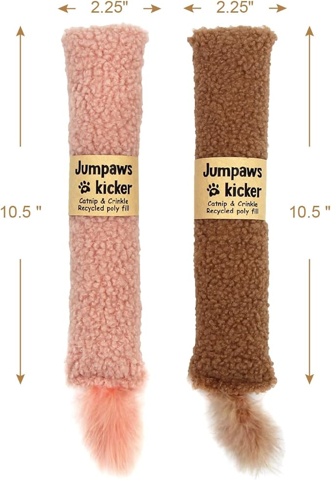 Jumpaws 2 Pack Natural Interactive Catnip & Silvervine Cat Kicker with Tail, Bite Resistant Chew Toy, Crinkle Kicker, Accessories for Indoor Cat, Sherpa Material