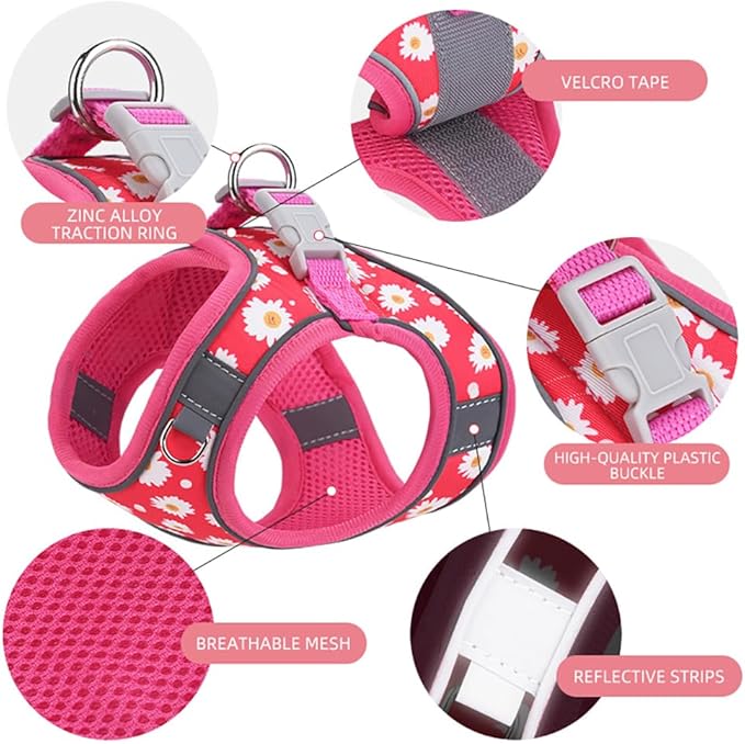 Step in Dog Harness and Leash Set, Flower Adjustable Easy Walk Puppy Harnesses, Soft Mesh Pet Vest Harness Small Size Dog Adjustable No Pull Dog Harness for Small Medium Dogs(Rose red, XXS)