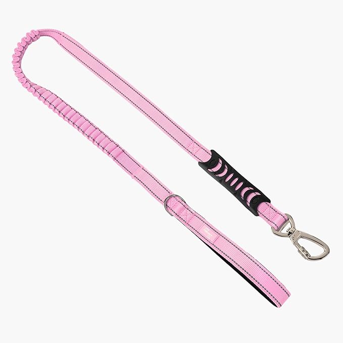 DF Co. Bungee Dog Leash | Strain Free & Shock Resistant for Control | Neoprene Padded Handle, Heavy-Duty Carabiner Clip, and D-Ring | Pink, Size Small