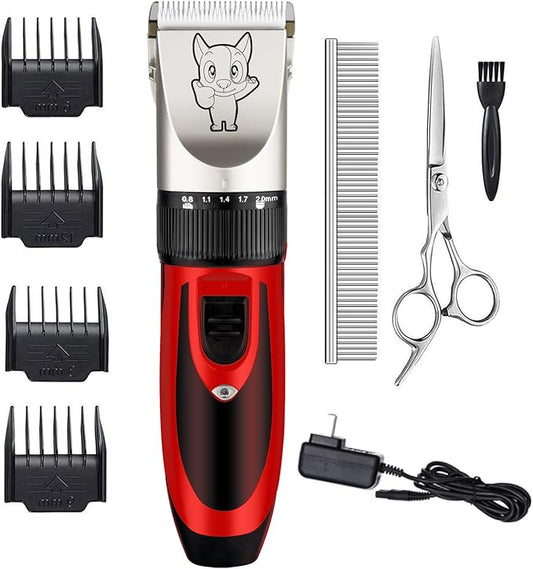 Highdas Dog Grooming Kit Clippers, Low Noise, Electric Quiet, Rechargeable, Cordless, Pet Hair Thick Coats Clippers Trimmers Set, Suitable for Dogs, Cats, and Other Pets(Red)
