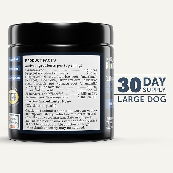 Four Leaf Rover Gut Guard - Dog Probiotics, Prebiotics, and Organic Herbs for Gut Health and Immune Support - Veterinarian Formulated - 30 Day Large Dog Supply