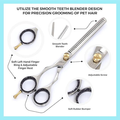 Left-Handed Pet dog Grooming Scissors Set Pro-Grade Curved Shears for Dogs Cats - Precision Crafted Sharp Blades Comfort Grip - Ideal for Cutting Curving Thinning (LH Round Tip Kit)
