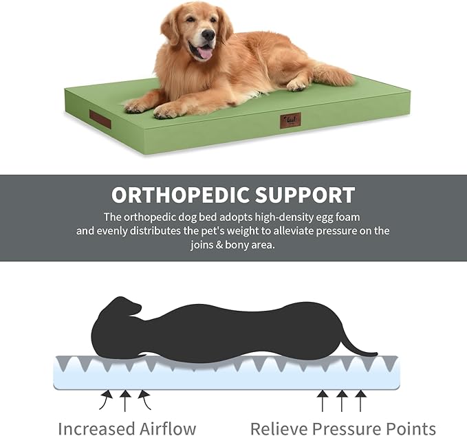 Tail Stories Outdoor Extra Large Dog Bed, Jumbo Waterproof Dog Bed for Large Dogs, Orthopedic Egg Crate Foam Pet Mat with Removable Oxford Cooling Cover, Light Green