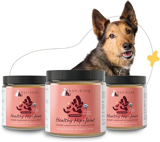kin+kind Hip and Joint Supplement for Dogs & Cats – Vet Formulated Natural Joint Support with Organic Turmeric, Black Pepper & Coconut – Dog Essentials & Cat Essentials – Made in USA – 3x8 oz (Large)