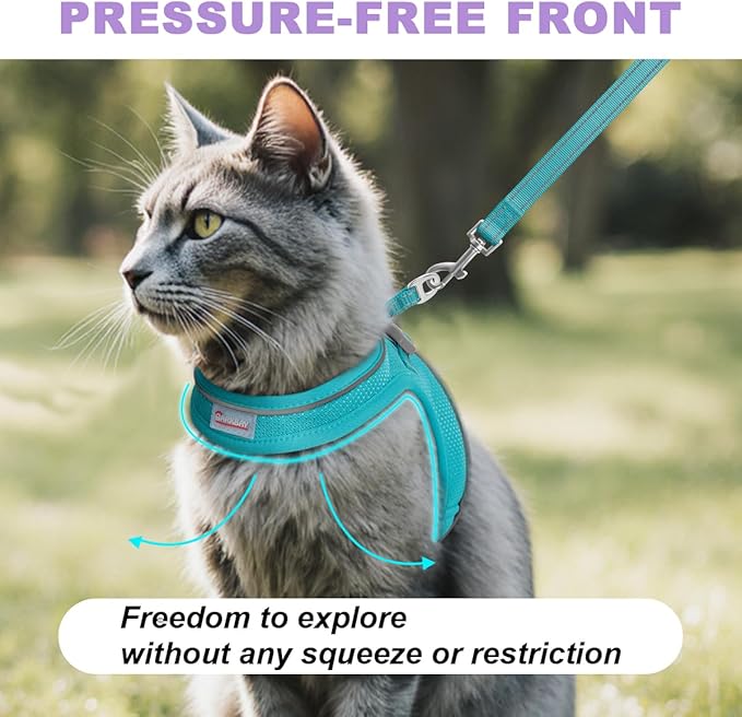 Cat Harness and Leash Set,Escape Proof Kitten Harness,Step in Adjustable Soft Lightweight,Easy Control,Reflective Strips Comfortable for Walking Travel(Ocean Blue,XXS)