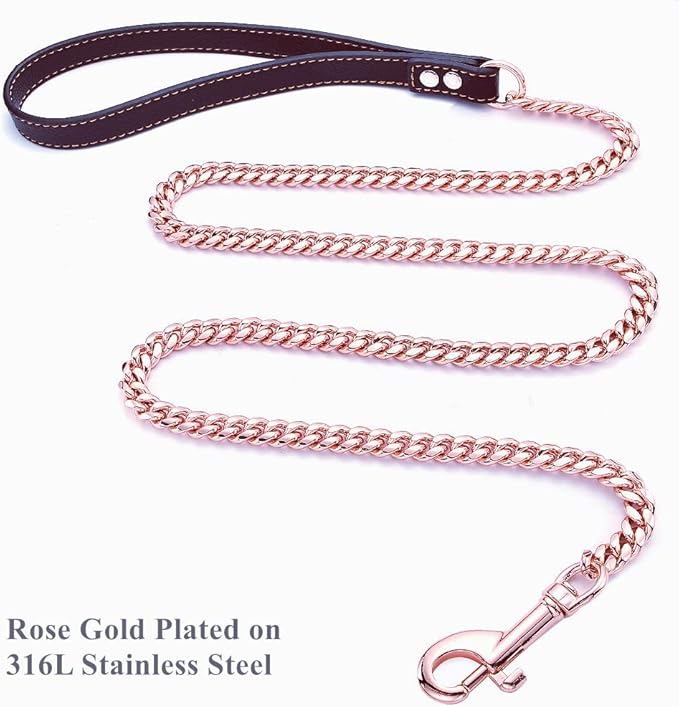 Rose Gold Dog Chain Leash 10MM 14MM Curb Cuban Link Chain Dog Leash Strong Chew Proof Stainless Steel Leash 3FT/4FT/5FT for Small Medium Large Dogs(10mm,4ft)…