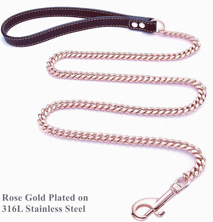 Rose Gold Dog Chain Leash 10MM 14MM Curb Cuban Link Chain Dog Leash Strong Chew Proof Stainless Steel Leash 3FT/4FT/5FT for Small Medium Large Dogs(10mm,5ft)…