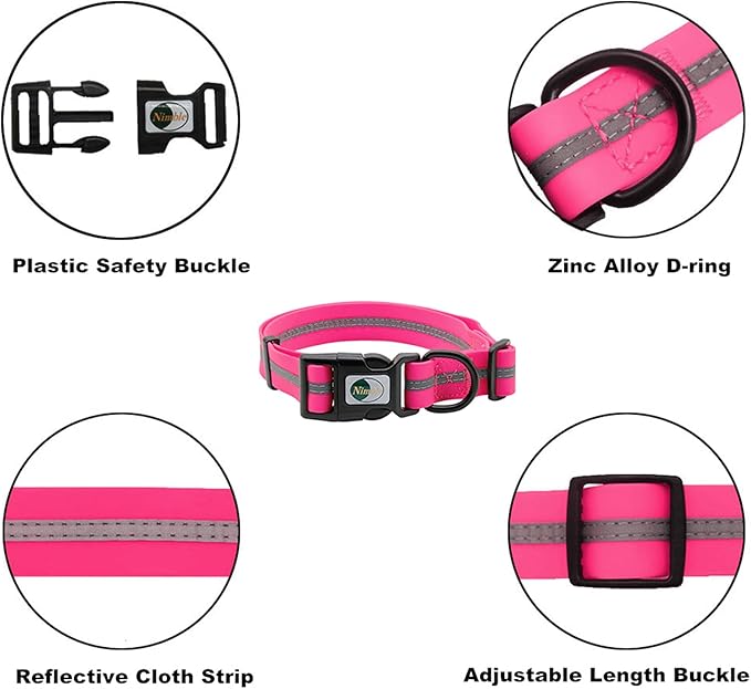 NIMBLE Dog Collar Waterproof Pet Collars Anti-Odor Durable Adjustable PVC & Polyester Soft with Reflective Cloth Stripe Basic Dog Collars S/M/L Sizes (Medium (11.81”-18.5”inches), Pink)