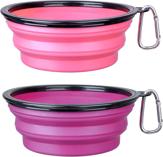 Dog Bowl Large Pet Collapsible Bowls, 2 Pack Collapsible Dog Water Bowls for Cats Dogs, Portable Pet Feeding Watering Dish for Walking Parking Traveling with 2 Carabiners (Large, Pink+Purple)