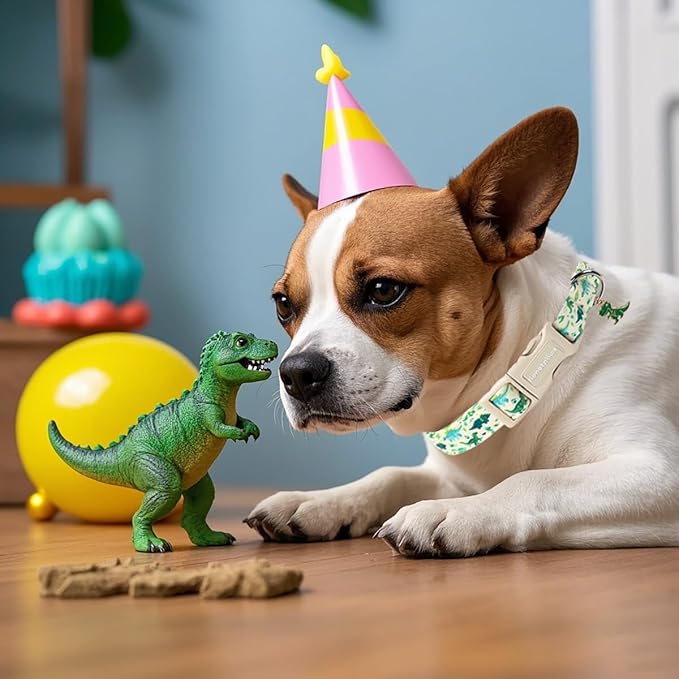 Lionet Paws Green and Blue Dinosaur Dog Collar- Cute Stegosaurus and Raptor Beige Dog Collars with Plastic Buckle, Light Adjustable Dog Collars for Medium Dogs