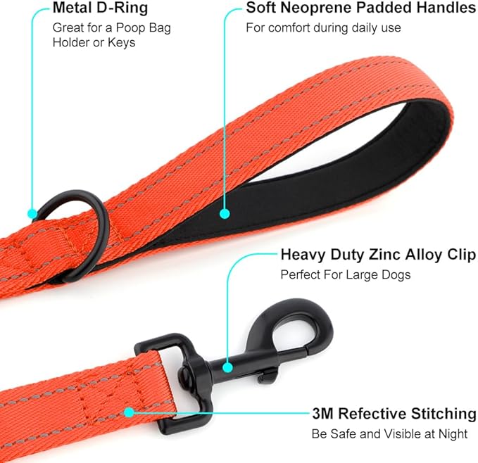 Heavy Duty Double Handle Dog Leash 6 ft Long for Total Control, Padded 2 Handle, Reflective Training Lead for Medium Large Dogs (Orange, 6 FT)