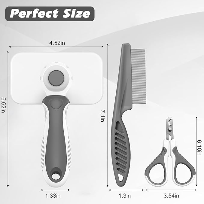 Comotech 3PCS Cat Grooming Supplies,Cat Brush & Nail Clipper/Trimmer & Flea Comb for Shedding Indoor Cats Dogs and Small Animals - Meet All Your Pet's Daily Grooming Needs - All in One Set (Grey)